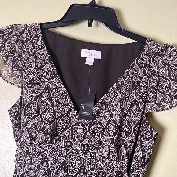 Ann Taylor LOFT brown and beige Wrap Midi Dress with Flutter Sleeves - Picture 4 of 6